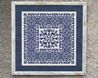 Monochrome Acorn Sampler Cross Stitch Pattern, Xstitch Chart,  Vintage Folk Geometric Embroidery, PDF Download