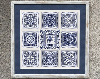 Tiles Sampler Cross Stitch Pattern, X Stitch Chart, Vintage Monochrome Embroidery, PDF Download