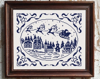 Echantillon de Noël au point de croix, grille de points en X, broderie monochrome Père Noël, téléchargement PDF