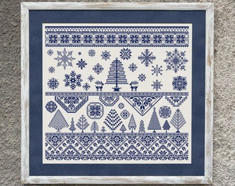 Échantillon hivernal, motif de point de croix, grille de point de croix, échantillon Quaker monochrome, broderie flocons de neige en X, téléchargement immédiat PDF