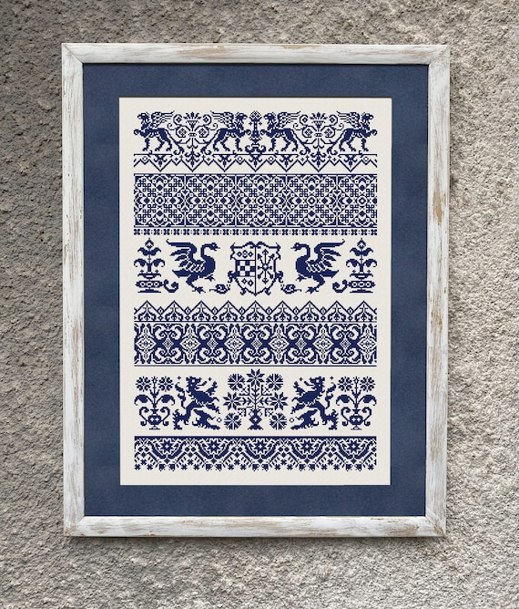 Monochrome Borders Sampler Cross Stitch Pattern, X Stitch Chart, Mythical Creatures Embroidery, PDF Download