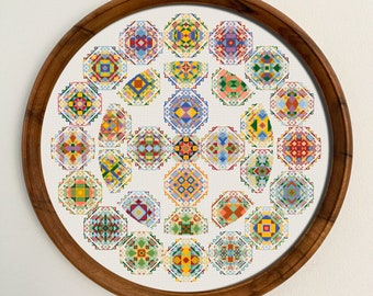 Multicolored Round Sampler Cross Stitch Pattern, X Stitch Chart, Tiles Embroidery, Instant Download PDF