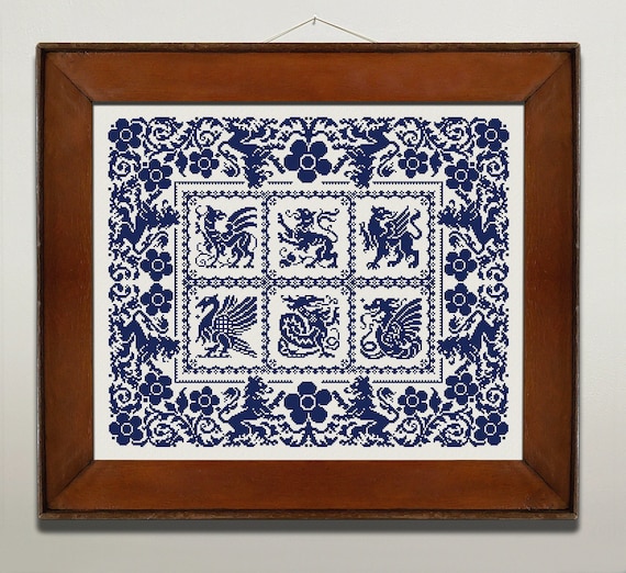 Dragons Sampler Cross Stitch Pattern, X Stitch Chart, Mythical Creatures Antique Monochrome Cross Stitch Embroidery, Instant Download PDF