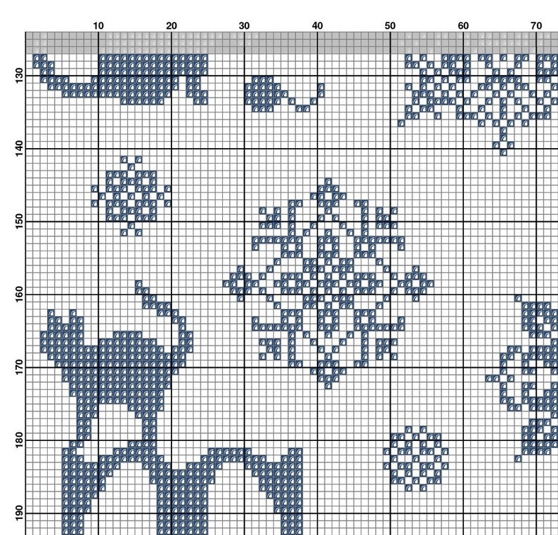 May include: A cross-stitch pattern featuring a blue and white design of a cat, snowflakes, and a floral pattern. The pattern is on a white background with a gray border.