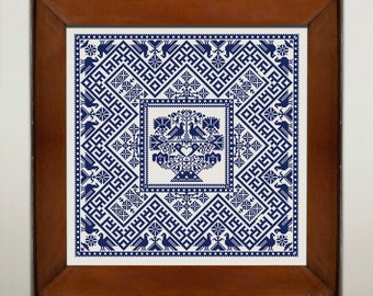 Antique Monochrome Sampler Cross Stitch Pattern, Xstitch Chart, Vintage Folk Embroidery, Instant Download PDF