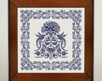 Antique Monochrome Sampler Cross Stitch Pattern, X Stitch Chart, Birds Embroidery, Instant Download PDF