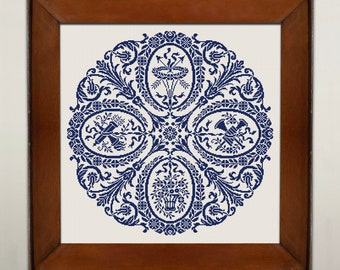 Antique Monochrome Sampler Cross Stitch Pattern, X Stitch Chart, Vintage Embroidery, Instant Download PDF
