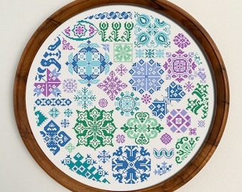 Patrón de punto de cruz con círculos multicolores, gráfico de punto X, bordado popular redondo, descarga en PDF