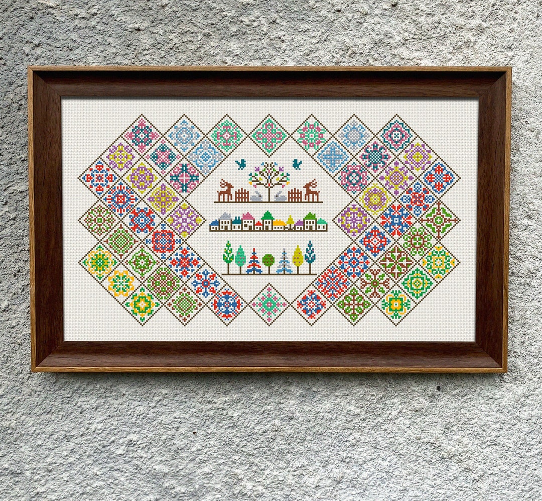 Tile Stitching Pattern Tiles Sampler Cross Stitch Pattern, X Stitch Chart, Multicolored Spring ...