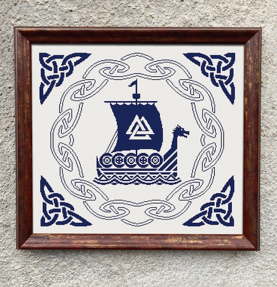 Viking Ship Monochrome Sampler Cross Stitch Pattern, Cross Stitch Chart, Norse Style Cross Stitch, Celtic Cross Stitch, Instant Download PDF