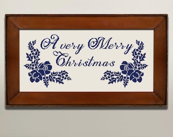 A Very Merry Christmas Cross Stitch Pattern, X Stitch Chart, Xmas Monochrome Embroidery, PDF Download