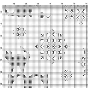 May include: Black and white pixel art design featuring a cat, a tree, and a flower. The design is on a white background with a grid pattern.
