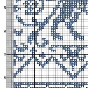 May include: A black and white cross stitch pattern with a blue floral design. The pattern is on a white background and is framed by a black border.