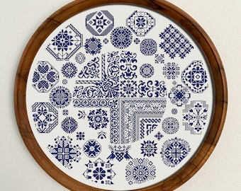 Monochrome Round Sampler Cross Stitch Pattern, X Stitch Chart, Geometric Folk Embroidery Design, PDF Download