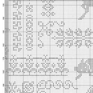 May include: A cross-stitch pattern chart with a grid of squares. The design features floral and geometric patterns in black and white. The chart is labeled with numbers along the top and side.