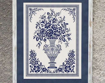 Antique Floral Sampler Cross Stitch Pattern, Cross Stitch Chart, Monochrome Sampler, Vintage Cross Stitch Embroidery, Instant Download PDF