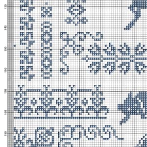May include: A cross-stitch pattern on a grid, featuring a repeating floral design and the word "Spring" in a stylized font. The design is rendered in shades of blue against a white background.