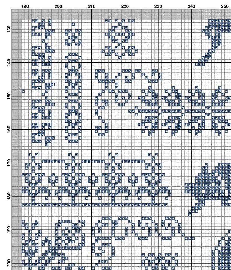 May include: A cross-stitch pattern on a grid, featuring a repeating floral design and the word "Spring" in a stylized font. The design is rendered in shades of blue against a white background.