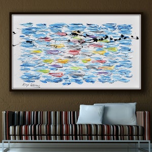 Swimming Koi Fish 55&quot;, original oil painting on canvas, thick texture, beautiful composition, relaxing blue shades, Handmade by Koby Feldmos