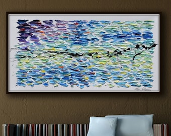 Abstract landscapen 67", beautiful green blue & purple colors, Relaxing artwork, full of texture handmade by Koby Feldmos