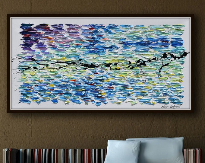 Abstract landscapen 67", beautiful green blue & purple colors, Relaxing artwork, full of texture handmade by Koby Feldmos