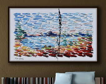 Near the lake 60", Abstract landscape, beautiful green blue & red colors, lots of texture , original oil painting handmade by Koby Feldmos