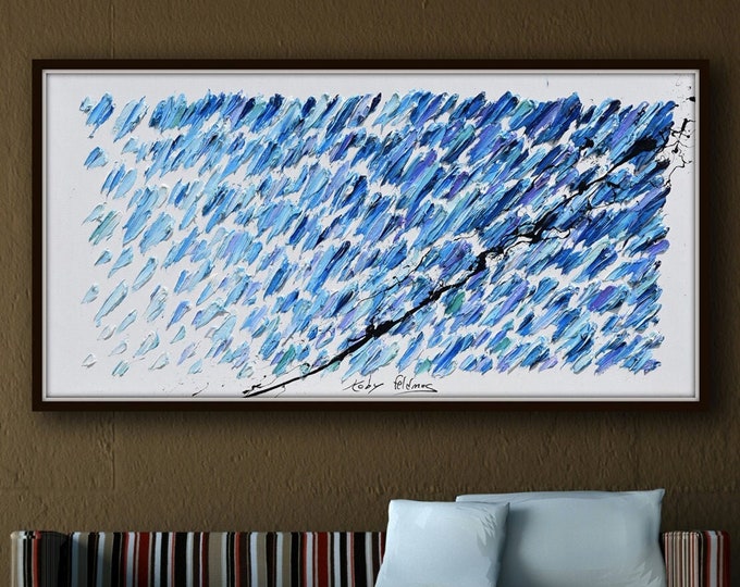 Blue abstract painting 55", thick oil paint layers, beautiful abstract looks, original artwork by Koby Feldmos