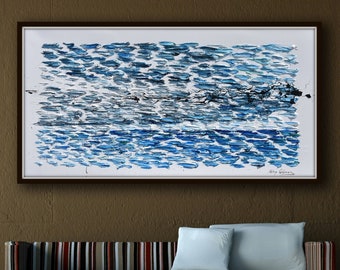 Perfect Storm abstract painting 55" Bluish original of a storm above the ocean, relaxing cool colors, beautiful texture composition, Feldmos
