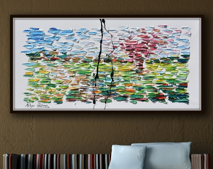 Tree in the field 55", Abstract landscape, beautiful green blue & red colors, Amazing composition, relaxing, handmade by Koby Feldmos