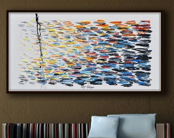 Day to Night original oil painting on canvas 67", beautiful thick texture, unique painting technique, original art, by Koby Feldmos