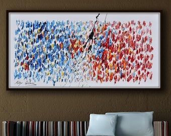 Bear vs. Bull  67" original oil painting on canvas, thick oil texture, hot & cold colors, abstract painting by Koby Feldmos