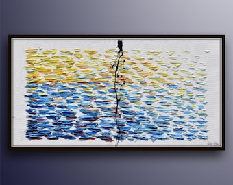Sun & Water 55", Abstract painting, original oil painting on canvas, very thick texture, warm cold colors, large artwork, by Koby Feldmos