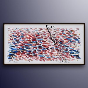 Puede incluir: Pintura abstracta con fondo blanco y una l&iacute;nea negra que recorre el centro. La pintura est&aacute; compuesta por peque&ntilde;as pinceladas de colores en tonos azules, rojos y rosas.