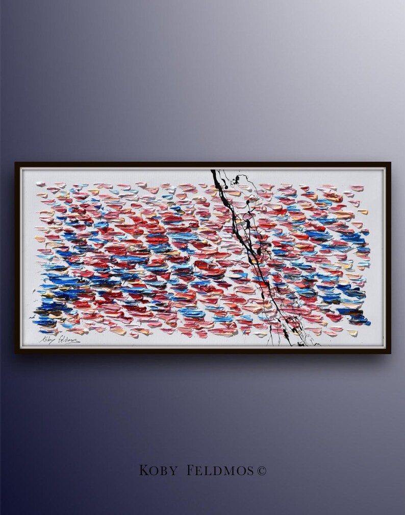 Puede incluir: Pintura abstracta con fondo blanco y una l&iacute;nea negra que recorre el centro. La pintura est&aacute; compuesta por peque&ntilde;as pinceladas de colores en tonos azules, rojos y rosas.