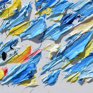 Pu&ograve; includere: Dipinto astratto con pennellate spesse in tonalit&agrave; di blu, giallo, bianco e arancio. La vernice &egrave; applicata a strati e in modo testurizzato, creando una composizione dinamica ed energica.