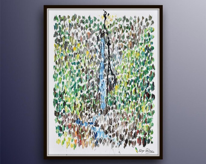 Hanakapiai Falls 40" - Beautiful textured Abstract landscape of a waterfall, original oil on canvas, by Koby Feldmos