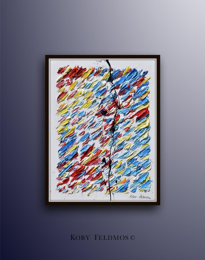 Pu&ograve; includere: Dipinto astratto con sfondo bianco e una linea nera che scende al centro. Il dipinto &egrave; composto da piccoli tratti di colore colorati in tonalit&agrave; di blu, giallo, rosso e bianco.