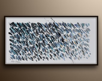 Abstract painting 55" beautiful turquoise & black painting with very thick texture, prestigious looks amazing composition, by Koby Feldmos