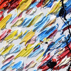 Pu&ograve; includere: Dipinto astratto con pennellate spesse e testurizzate in tonalit&agrave; di rosso, giallo, blu, bianco e nero. La vernice &egrave; applicata in diagonale, creando una composizione dinamica ed energica.