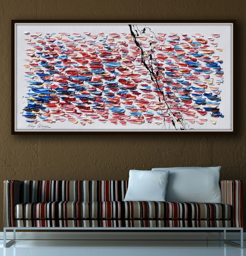 Puede incluir: Pintura abstracta con fondo blanco y un estilo texturizado, de pinceladas. La pintura presenta una variedad de colores, incluyendo rojo, azul y rosa. La pintura est&aacute; firmada "Ruby Feldman" en la esquina inferior izquierda.