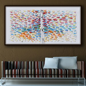 Puede incluir: Pintura abstracta con fondo blanco y una l&iacute;nea negra en el centro. La pintura est&aacute; compuesta por peque&ntilde;as pinceladas de colores vivos en tonos azules, verdes, amarillos, naranjas, rojos y rosas.