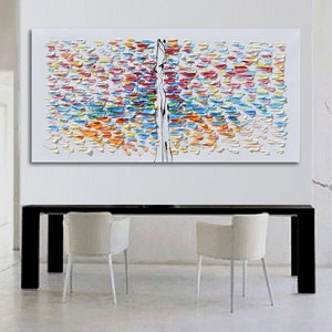 Puede incluir: Pintura abstracta con fondo blanco y pinceladas coloridas en tonos de azul, verde, amarillo, naranja, rosa y rojo. Las pinceladas est&aacute;n dispuestas en un patr&oacute;n que se asemeja a un &aacute;rbol o una flor.