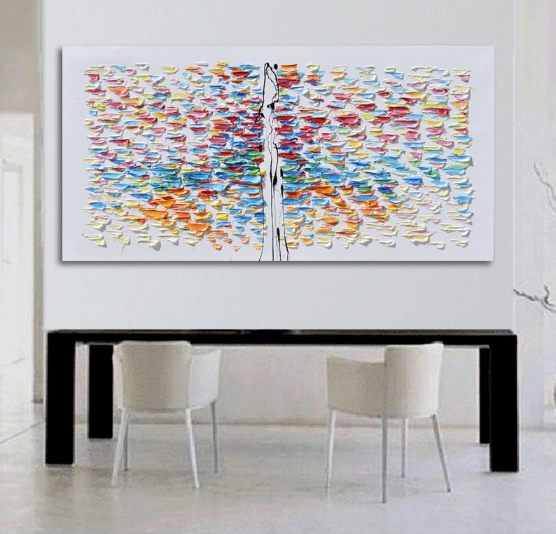 Puede incluir: Pintura abstracta con fondo blanco y pinceladas coloridas en tonos de azul, verde, amarillo, naranja, rosa y rojo. Las pinceladas est&aacute;n dispuestas en un patr&oacute;n que se asemeja a un &aacute;rbol o una flor.