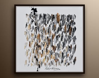 Abstract art 35", black white and brown, thick oil paint layers, beautiful square composition, handmade canvas by Koby Feldmos