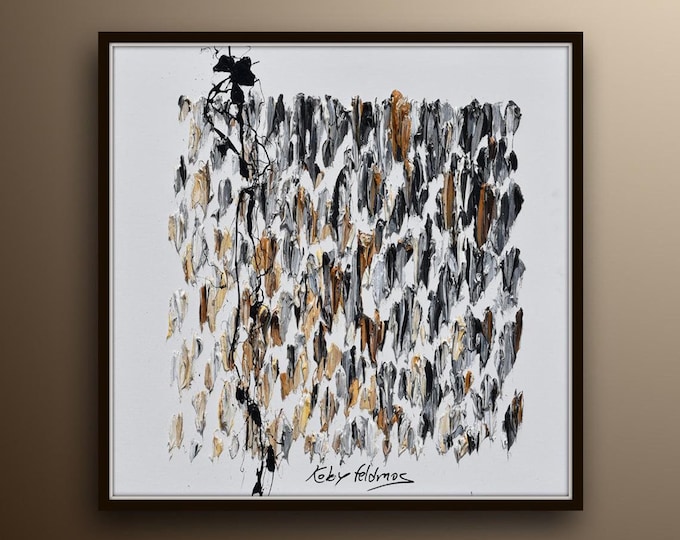 Abstract art 35", black white and brown, thick oil paint layers, beautiful square composition, handmade canvas by Koby Feldmos