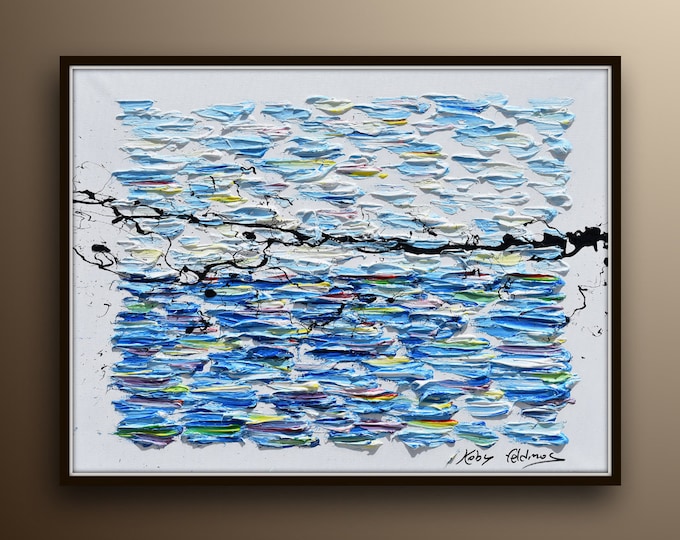 Seascape 40", beautiful relaxing shades of blue, sea & sky, very thick texture, oil painting by Koby Feldmos