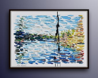 Lake & Trees 40", Abstract landscape, beautiful green blue colors, Amazing composition, relaxing, handmade by Koby Feldmos