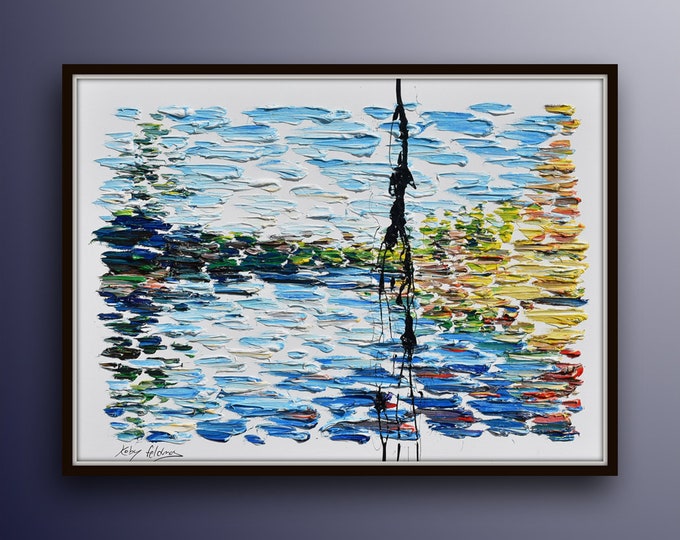 Lake & Trees 40", Abstract landscape, beautiful green blue colors, Amazing composition, relaxing, handmade by Koby Feldmos