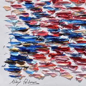 Puede incluir: Pintura abstracta con pinceladas gruesas en tonos de azul, rojo, rosa y blanco. La firma del artista, "Koby feldmos", es visible en la esquina inferior derecha.