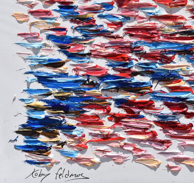 Puede incluir: Pintura abstracta con pinceladas gruesas en tonos de azul, rojo, rosa y blanco. La firma del artista, "Koby feldmos", es visible en la esquina inferior derecha.